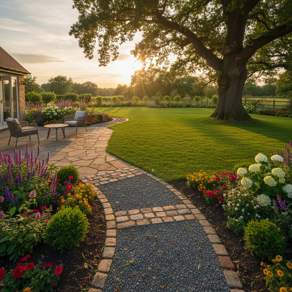 Beautiful residential garden with curved stone pathway and colorful flower beds