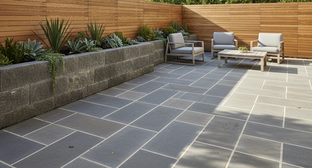 Modern commercial patio with gray stone tiles and contemporary design