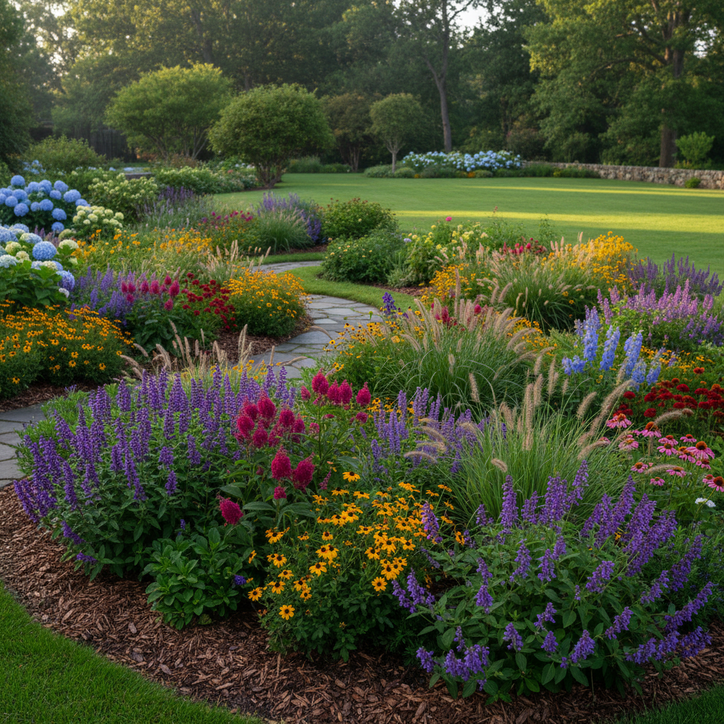 Vibrant garden with curved pathways through colorful perennial borders