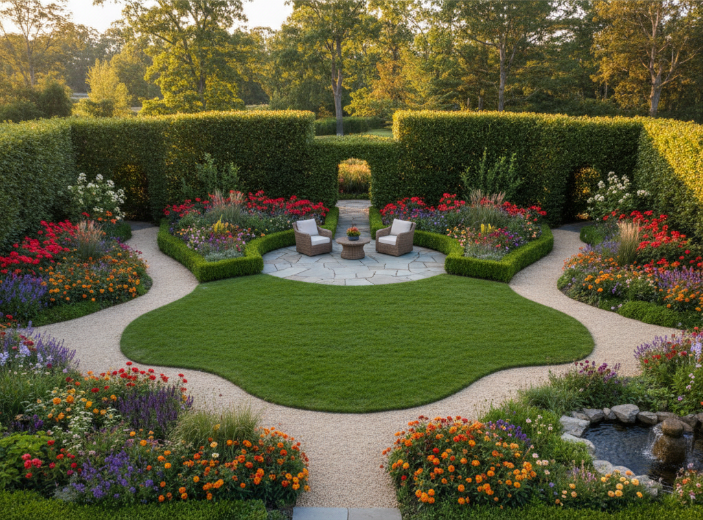Formal garden design with symmetrical layout and vibrant plantings