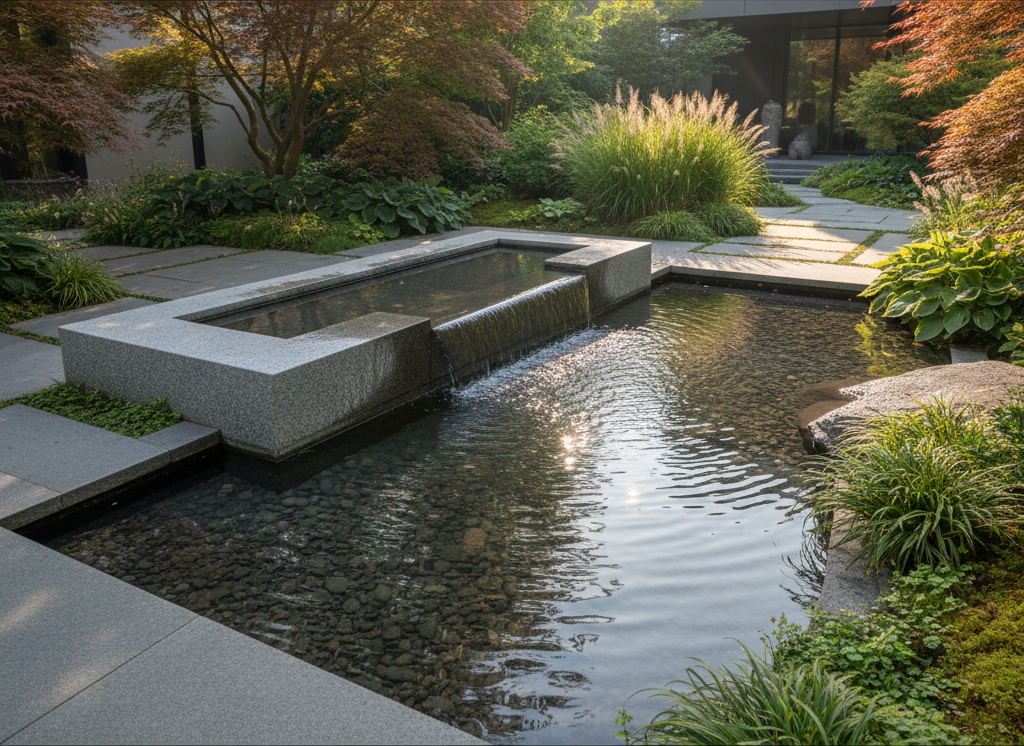Contemporary water feature with rectangular pools and modern landscaping