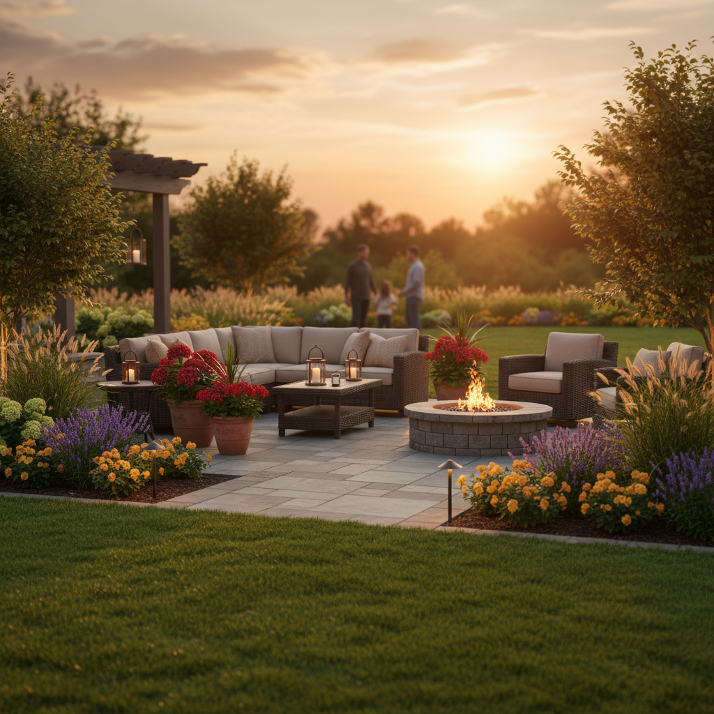 Outdoor living space with fire pit and professional landscaping